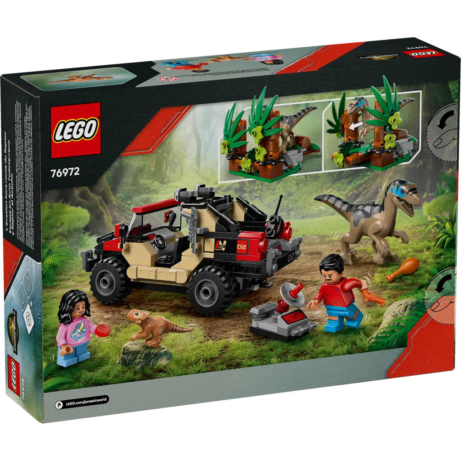 Lego box shows a jeep, dinosaurs, and minifigures in a jungle setting. The box is labeled 76972.