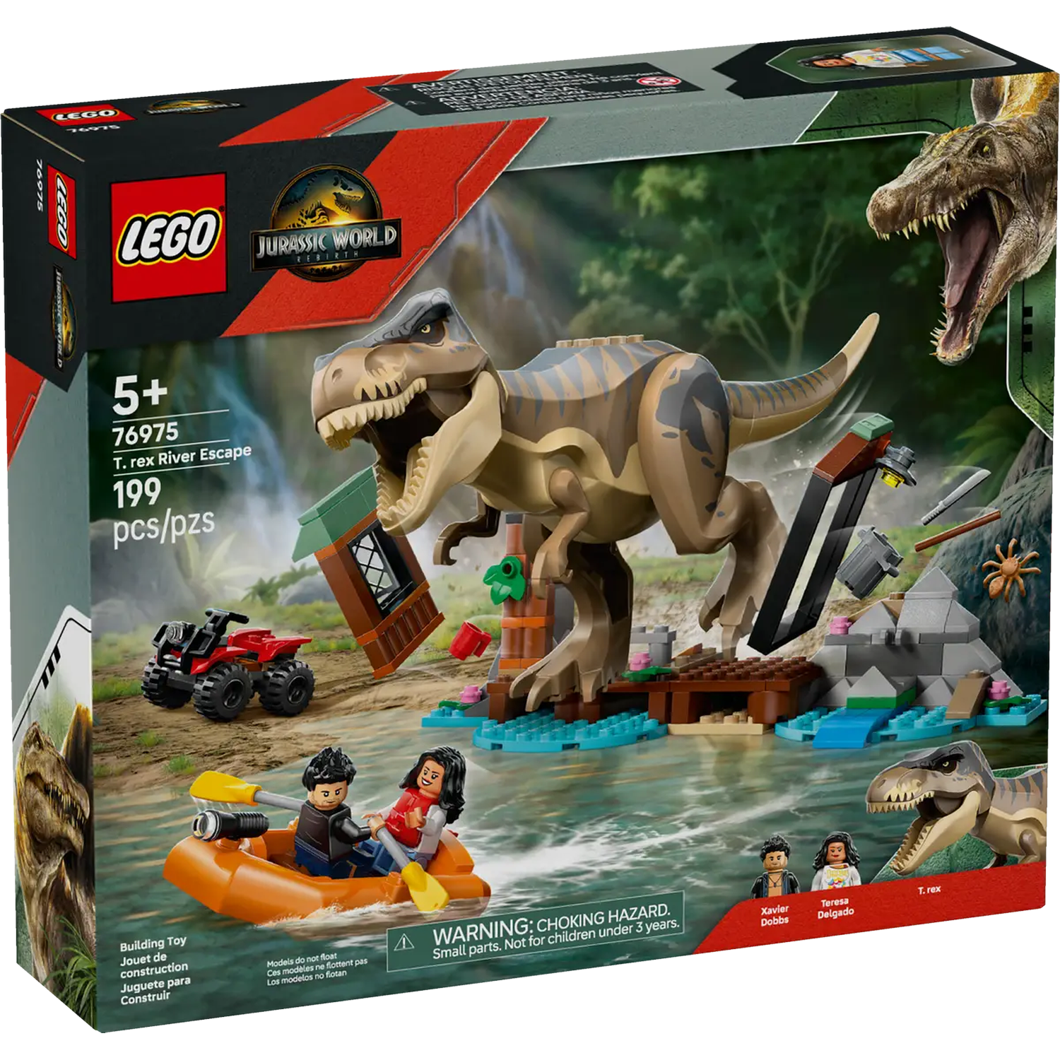 Lego set box. Features a T-Rex, figures in a boat, and a red ATV. Includes a river scene and a building.