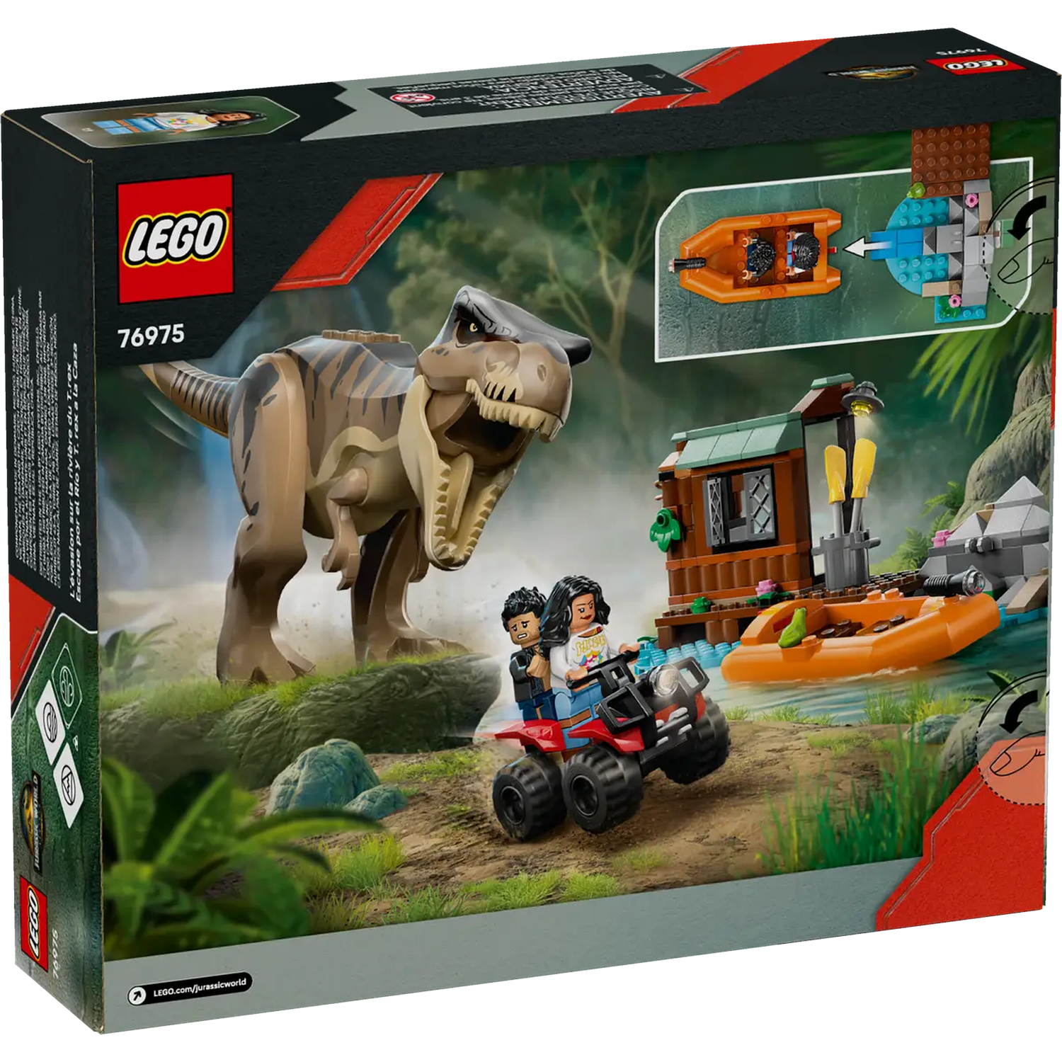 Lego box: T-Rex, figures on an ATV, a boat, and a building on water. Green foliage in the background.