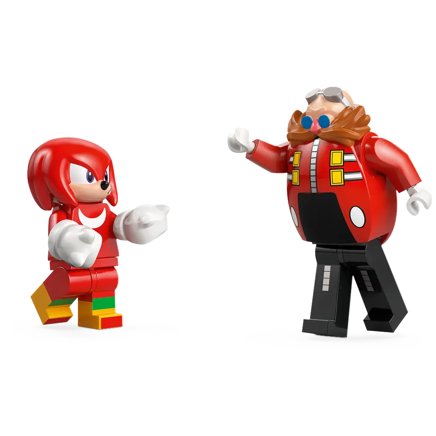 Lego figures of Knuckles and Dr. Eggman stand facing each other. Knuckles is red, Eggman is in a red coat.