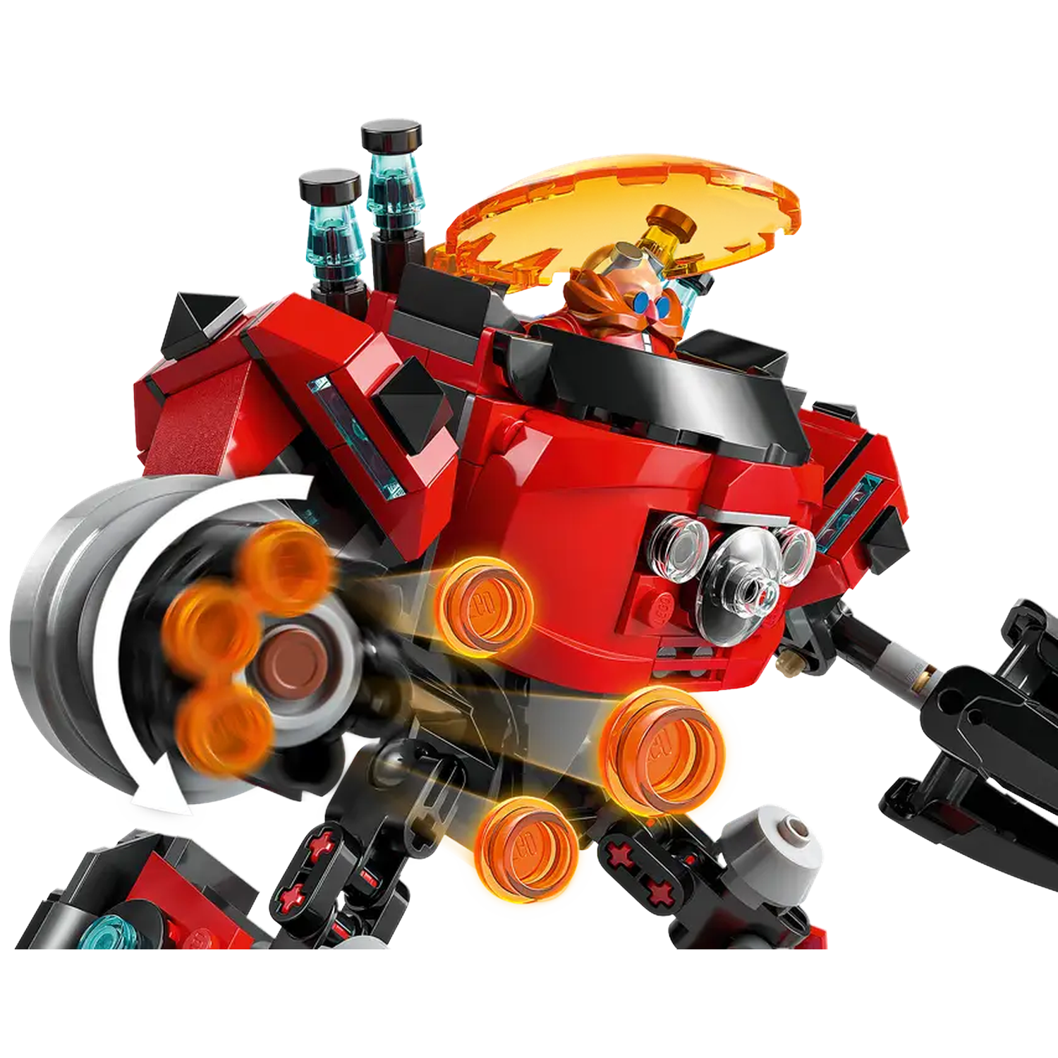 A red Lego robot with a transparent yellow visor. Orange energy bursts from the wheel. A pilot sits inside the robot.