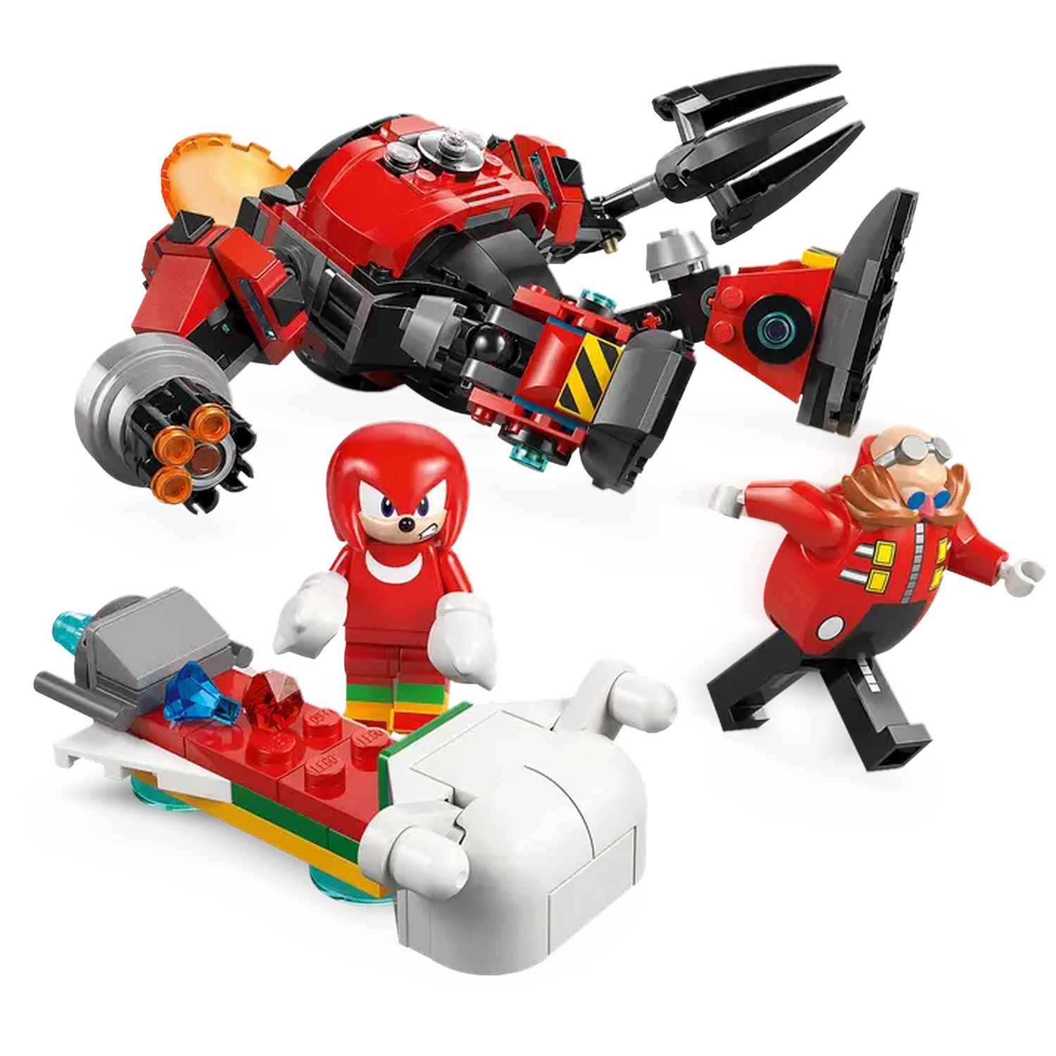 Lego Sonic the Hedgehog set. Includes a red Eggman mech, Knuckles, Eggman figure, a small vehicle, and a white hand-shaped object.