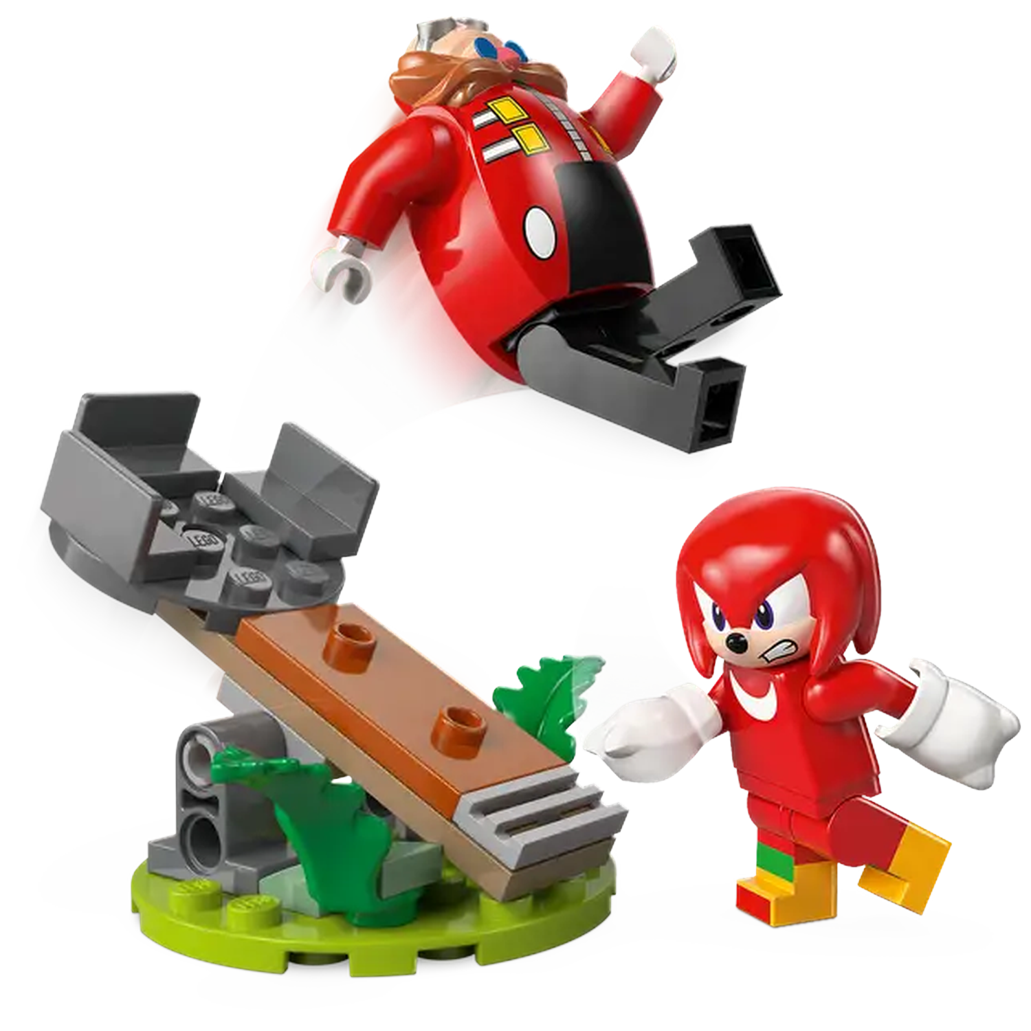 Lego set: Dr. Eggman falling from a seesaw. Knuckles the Echidna is ready to fight. The base is green and the seesaw is brown.