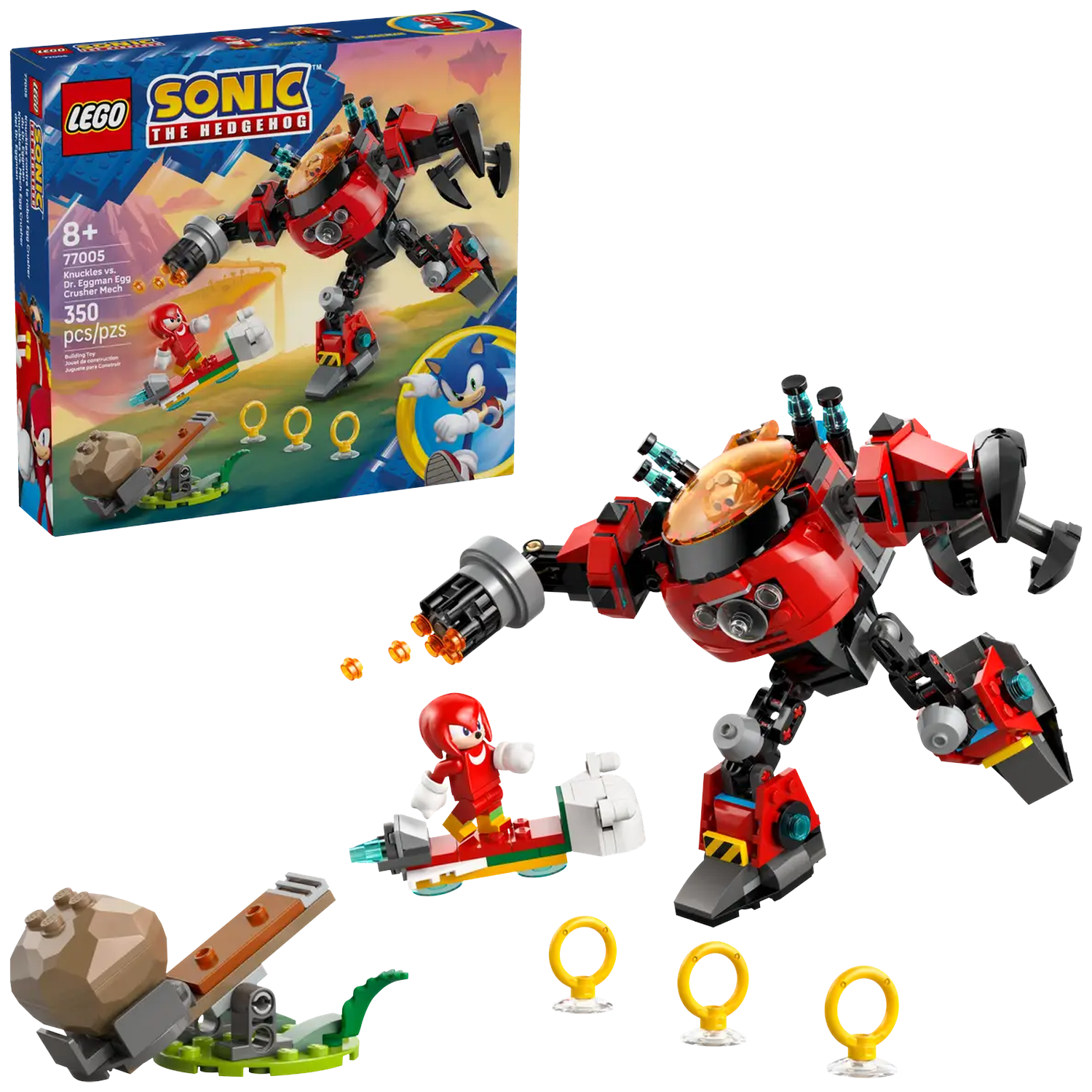 Lego Sonic set: red Eggman mech, Knuckles on a board, three rings, and a catapult. Box in the background.
