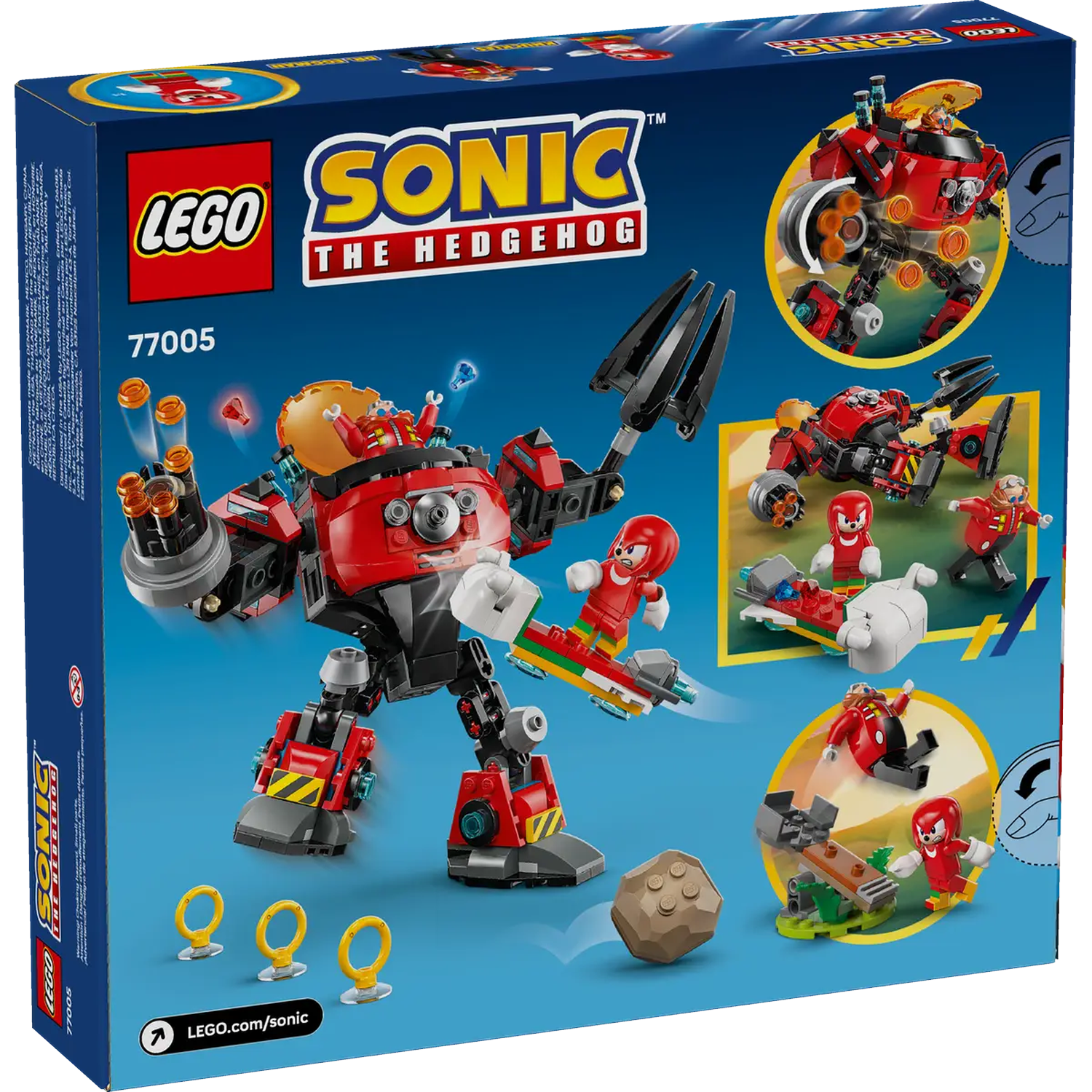 Lego Sonic the Hedgehog set box. Displays a red robot, Sonic characters, and the Lego logo. The box is blue.