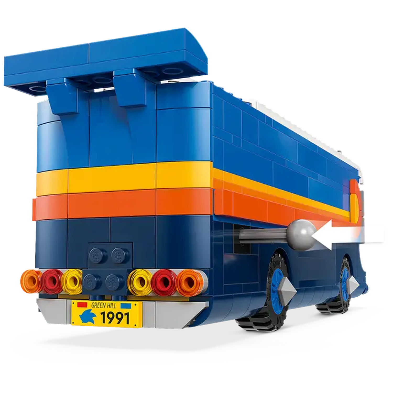 Een blauw-gele speelgoedbus wordt van achteren getoond. Het heeft een nummerplaat met 'Green Hill 1991'. Wielen zijn zichtbaar.