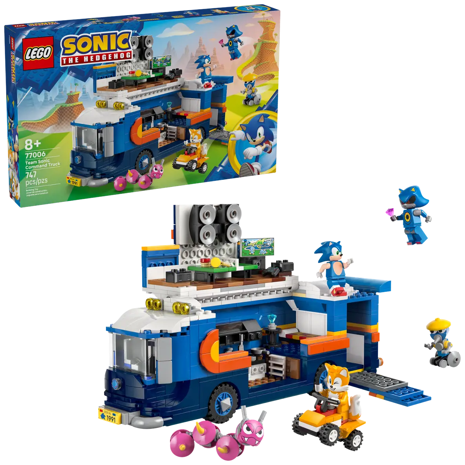 Lego Sonic set: Blauwe commandotruck met Sonic, Tails en robots. De doos toont de naam, leeftijd en het aantal stukjes van de set.