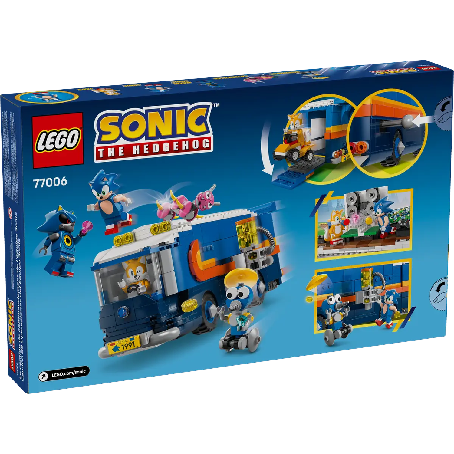 Een Lego Sonic the Hedgehog setdoos. Het toont de blauwe bus, Sonic, Tails en andere personages. De achtergrond is blauw.