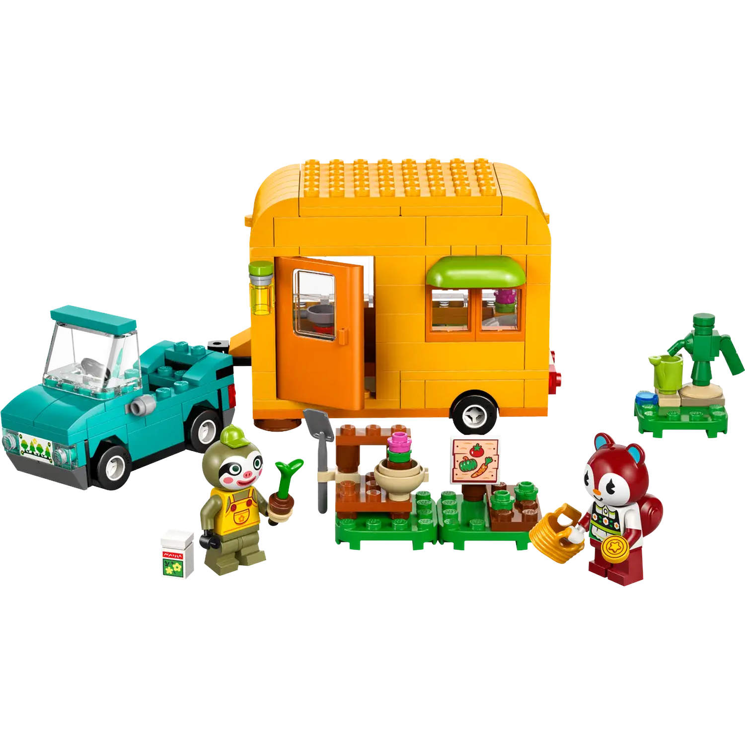 Een Lego-set met een gele camper, een blauwgroene auto en figuren van een luiaard en een eekhoorn bij een tuin en een waterstation.