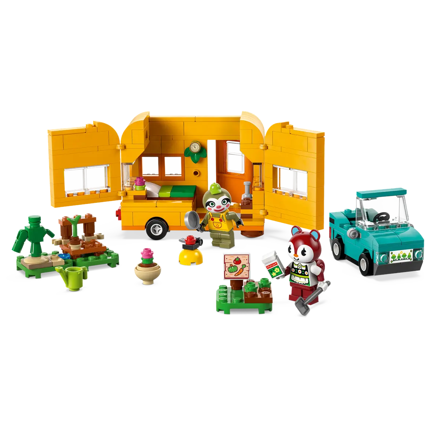 Een Lego camper set met dierenfiguren. Inclusief een blauwgroene auto, gele camper en diverse tuinelementen.