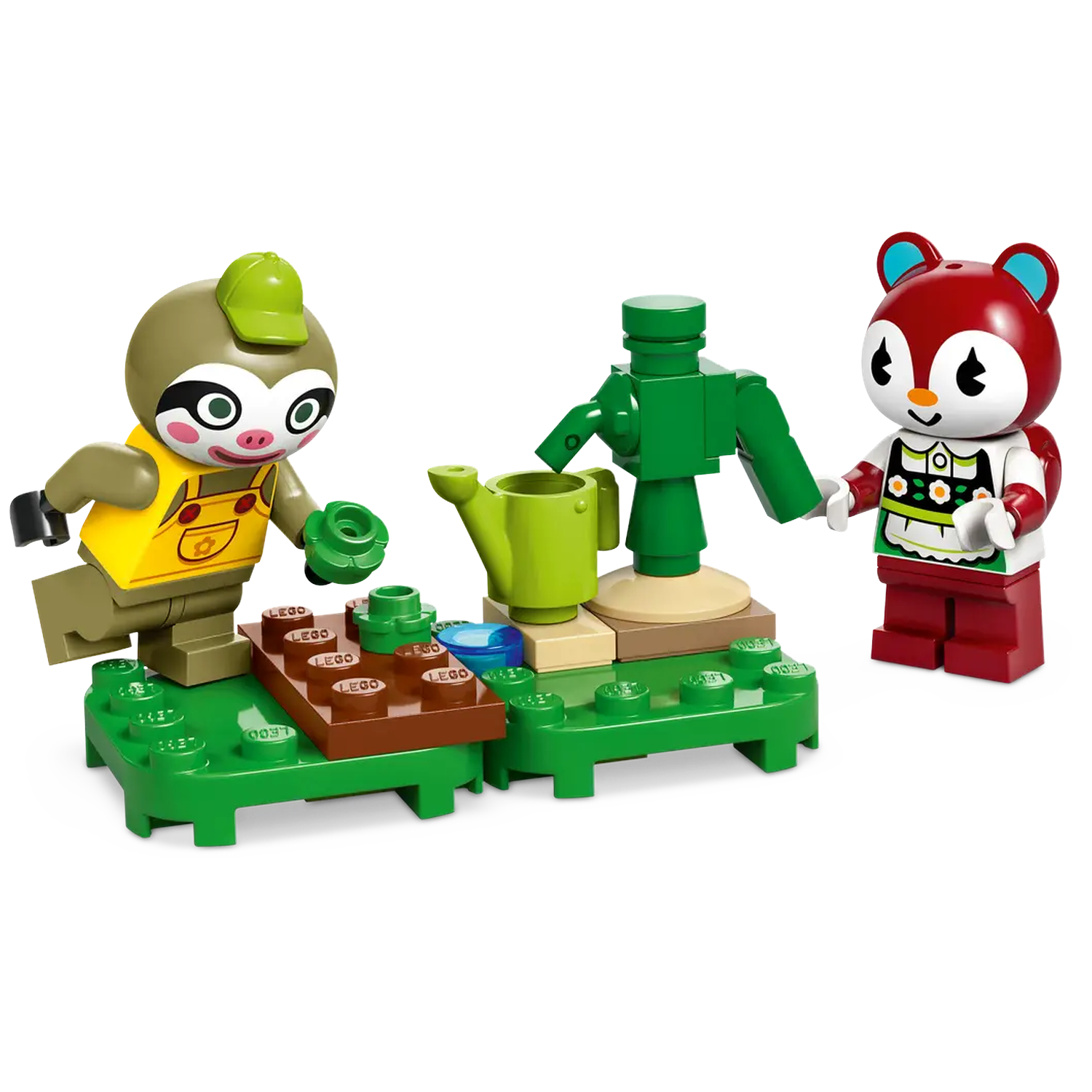 Lego set: Een luiaard en een rode eekhoorn staan bij een groen irrigatiesysteem en een tuin, op een groene basis.