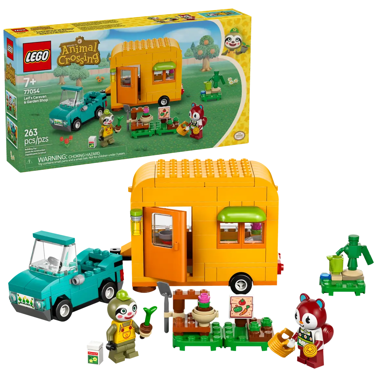 Lego set: gele camper, turquoise auto en Animal Crossing figuren. Inclusief tuingereedschap en karakters met gereedschap.