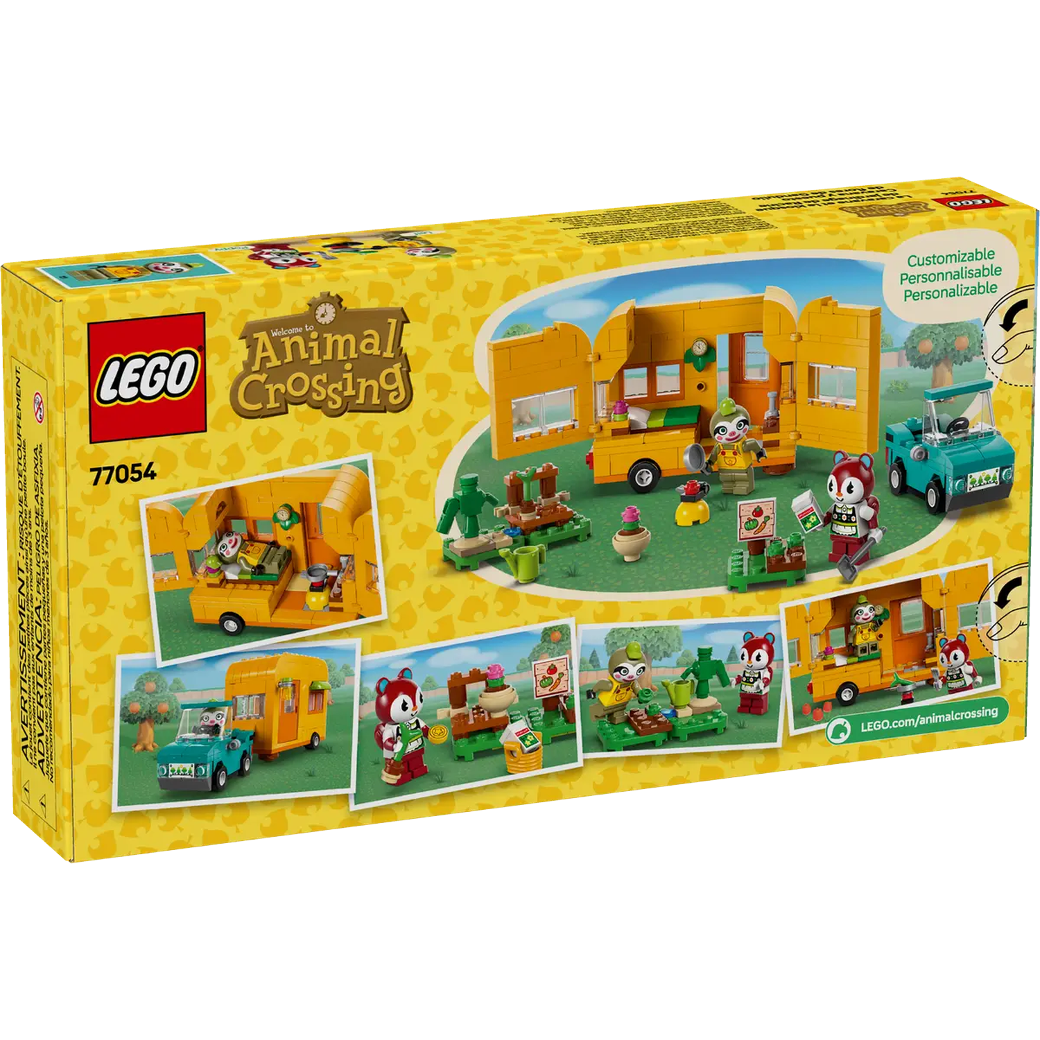 De doos van een LEGO Animal Crossing set. Het bevat speelfiguren, een gele camper, een blauwe auto en verschillende tuinelementen.