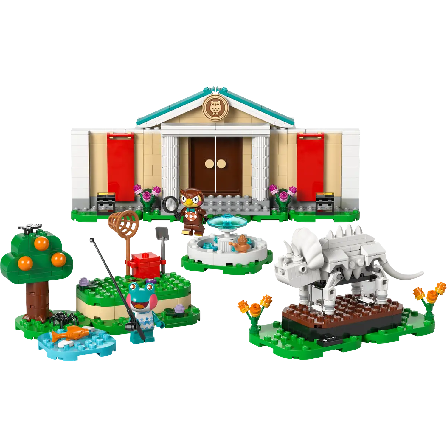 Lego set met een gebouw, uilenfiguren, fontein, triceratops, boom, kikkerfiguur en een vijver met een vis. Felle kleuren.