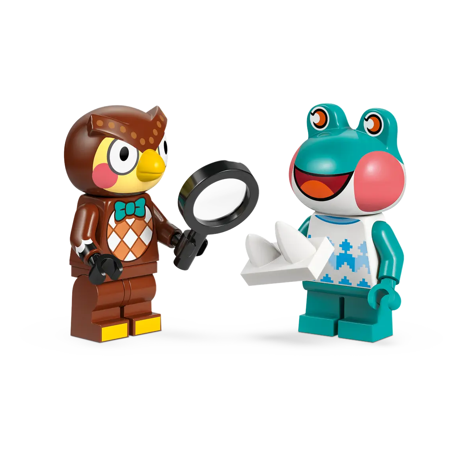 Twee Lego-figuren: een uil met een vergrootglas en een kikker met een wit object. De achtergrond is wit.