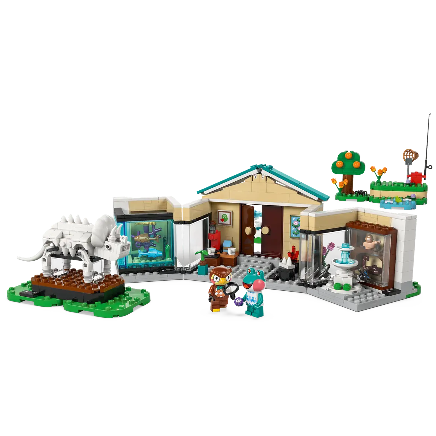 Een Lego-set met een museum met een dinosaurus skelet, personages, een fontein en een kleine tuin met een hengel.