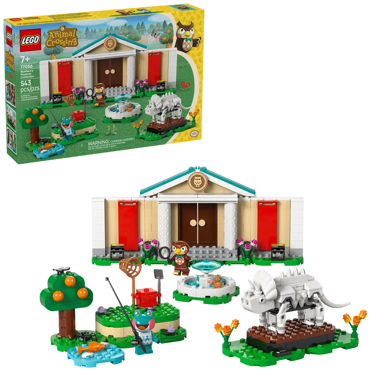Een Lego-set met een museum, een kikker met een hengel, een uil-personage, een fontein en een dinosaurus skelet.