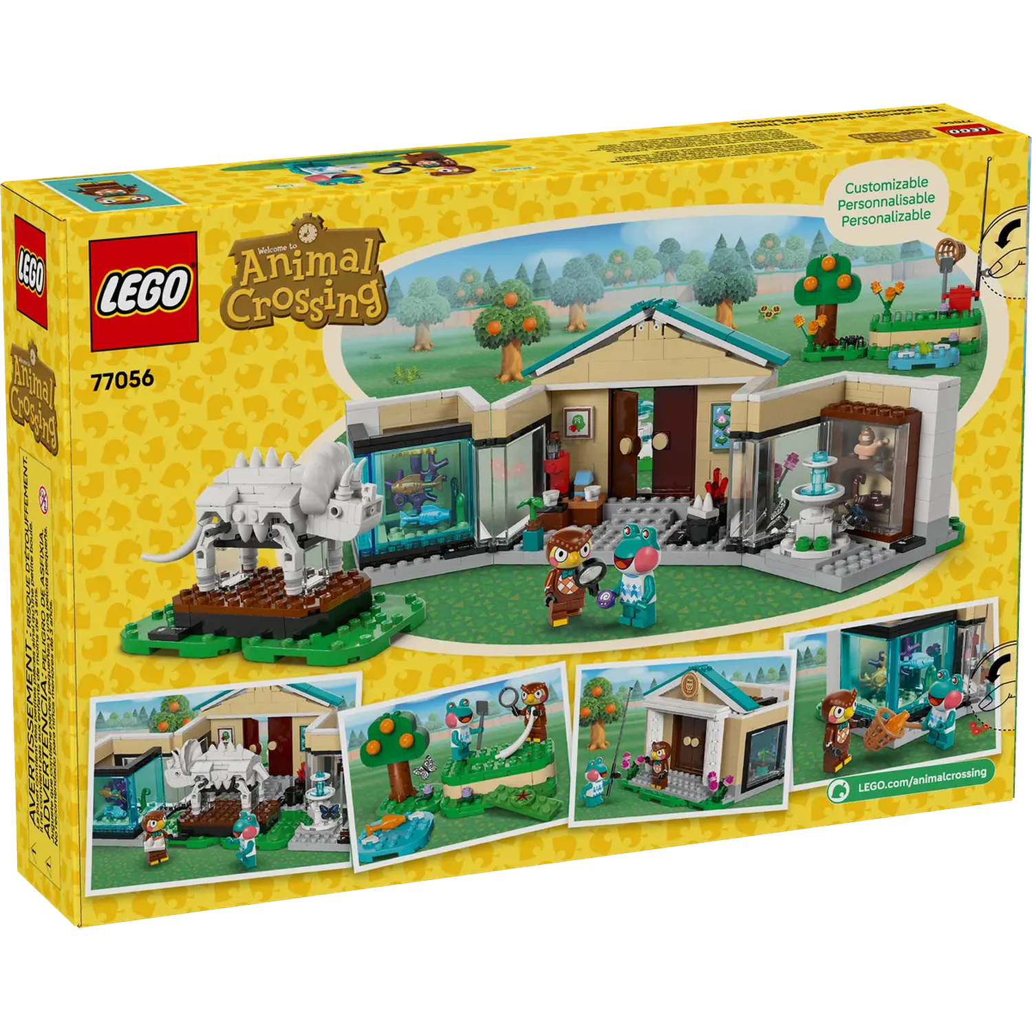Lego-doos met Animal Crossing. Toont een Lego-huis met personages, bomen en kleine afbeeldingen van de set, allemaal op een gele achtergrond.