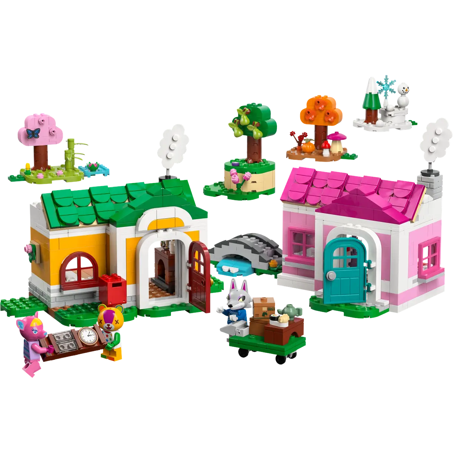 Kleurrijke Lego-set met gebouwen, bomen en dierenfiguren. Een wolf bezorgt goederen op een kar, andere figuren tonen een klok.