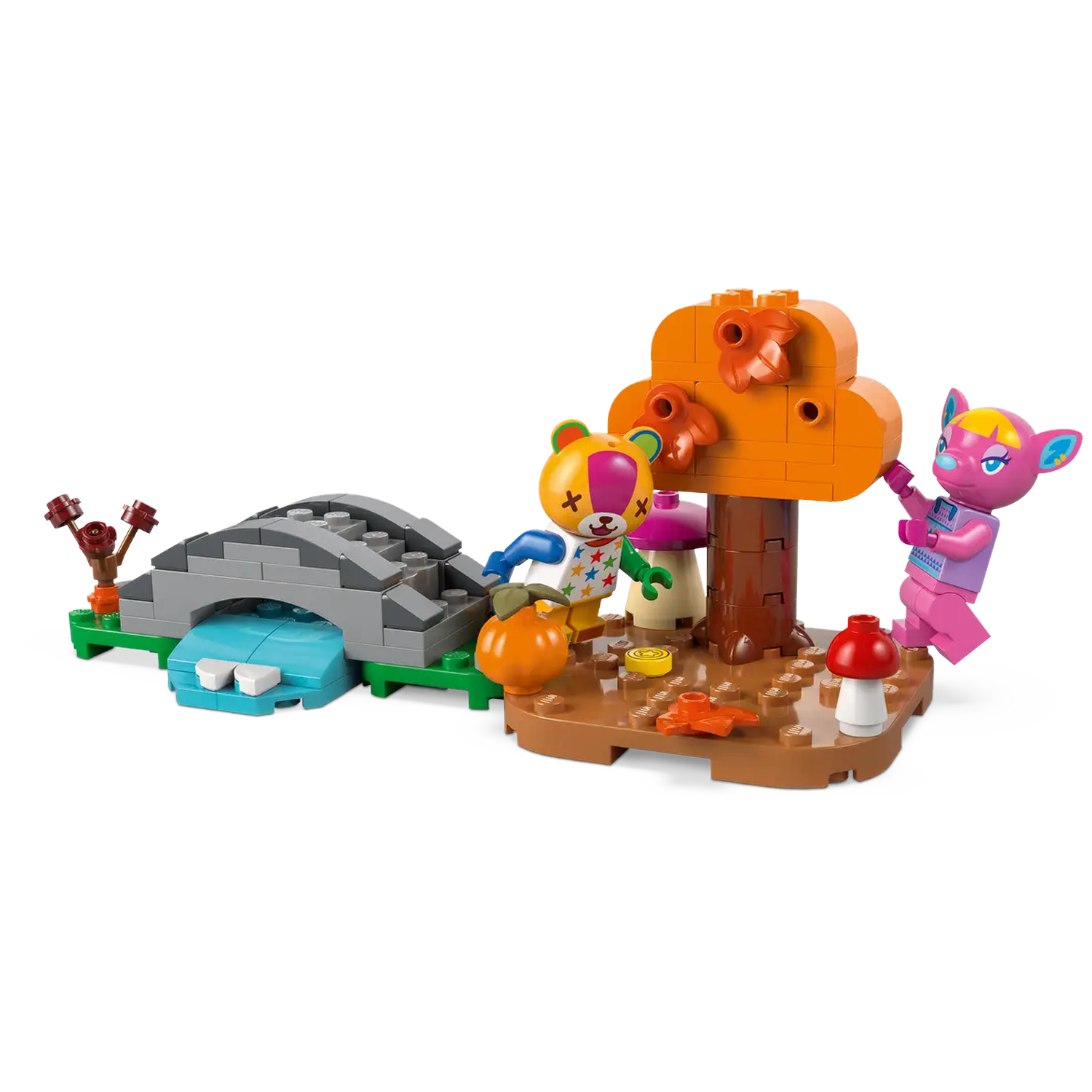 Lego set met brug, beek, boom en drie dierachtige figuren. Oranje, roze en geel zijn de dominante kleuren.