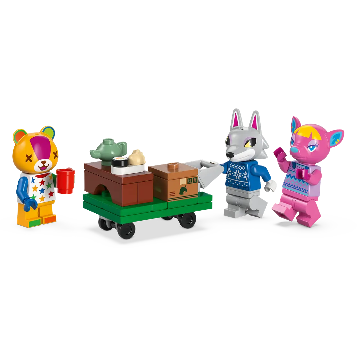 Legoscène met drie dierlijke personages. Een beer, een wolf die een kar met eten duwt en een zwaaiend hert.