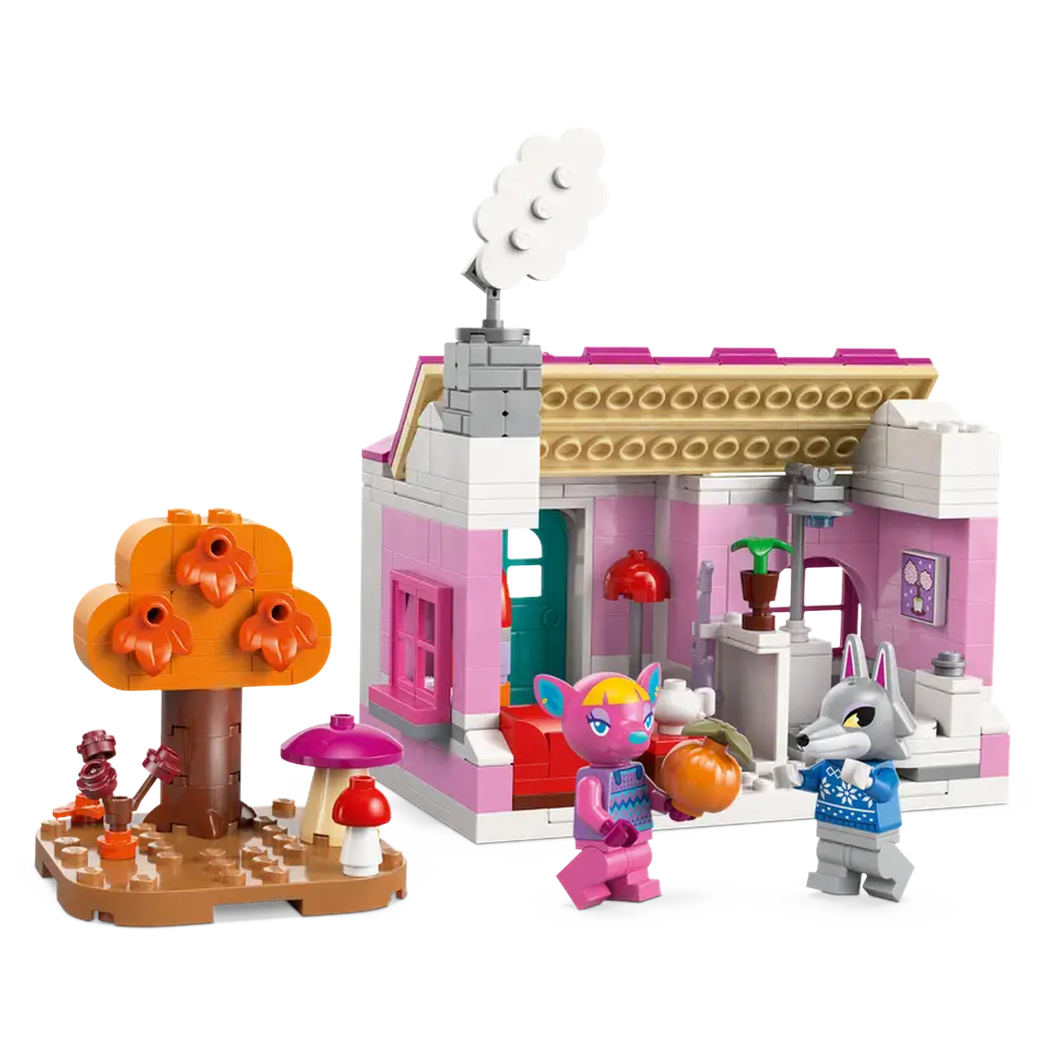 Een Lego huis met een boom en twee dierenfiguren, een wolf en een hert, met een eikel en een paddenstoel.