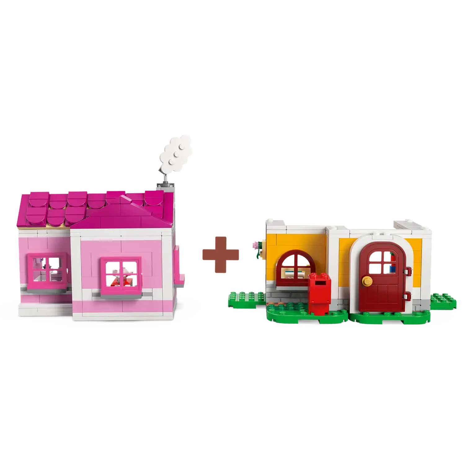 Twee Lego huizen. Een roze met paars dak, de andere geel met een rode deur. Plus teken ertussen.