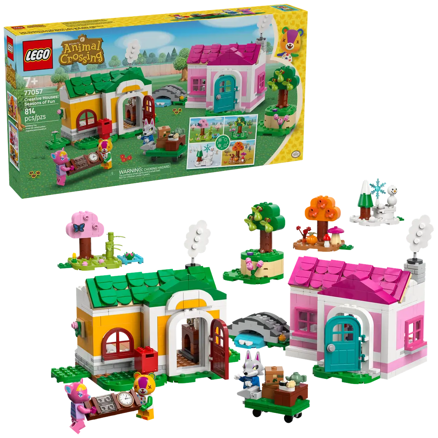 LEGO Animal Crossing set. Bevat kleurrijke huizen, personages, bomen en accessoires. De set toont een huis, een brug en personages.
