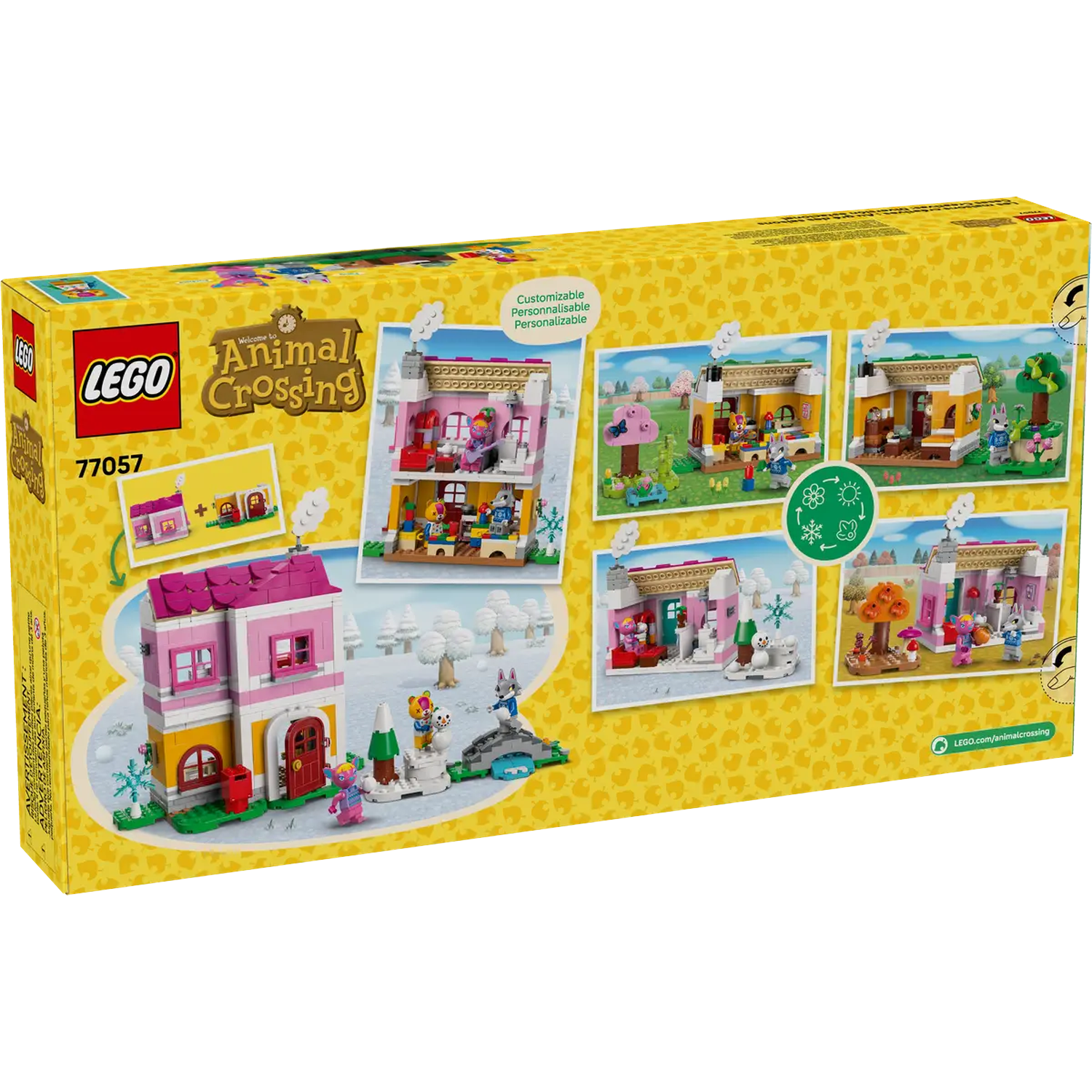 Lego Animal Crossing-doos. Het toont verschillende scènes van huizen en personages met sneeuw en bomen. De doos is geel en heeft het Lego-logo.