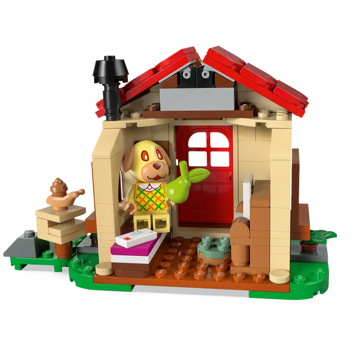 A Lego dog figure stands in a Lego house with a red door. The house has a red roof and a chimney. The dog holds a green leaf.