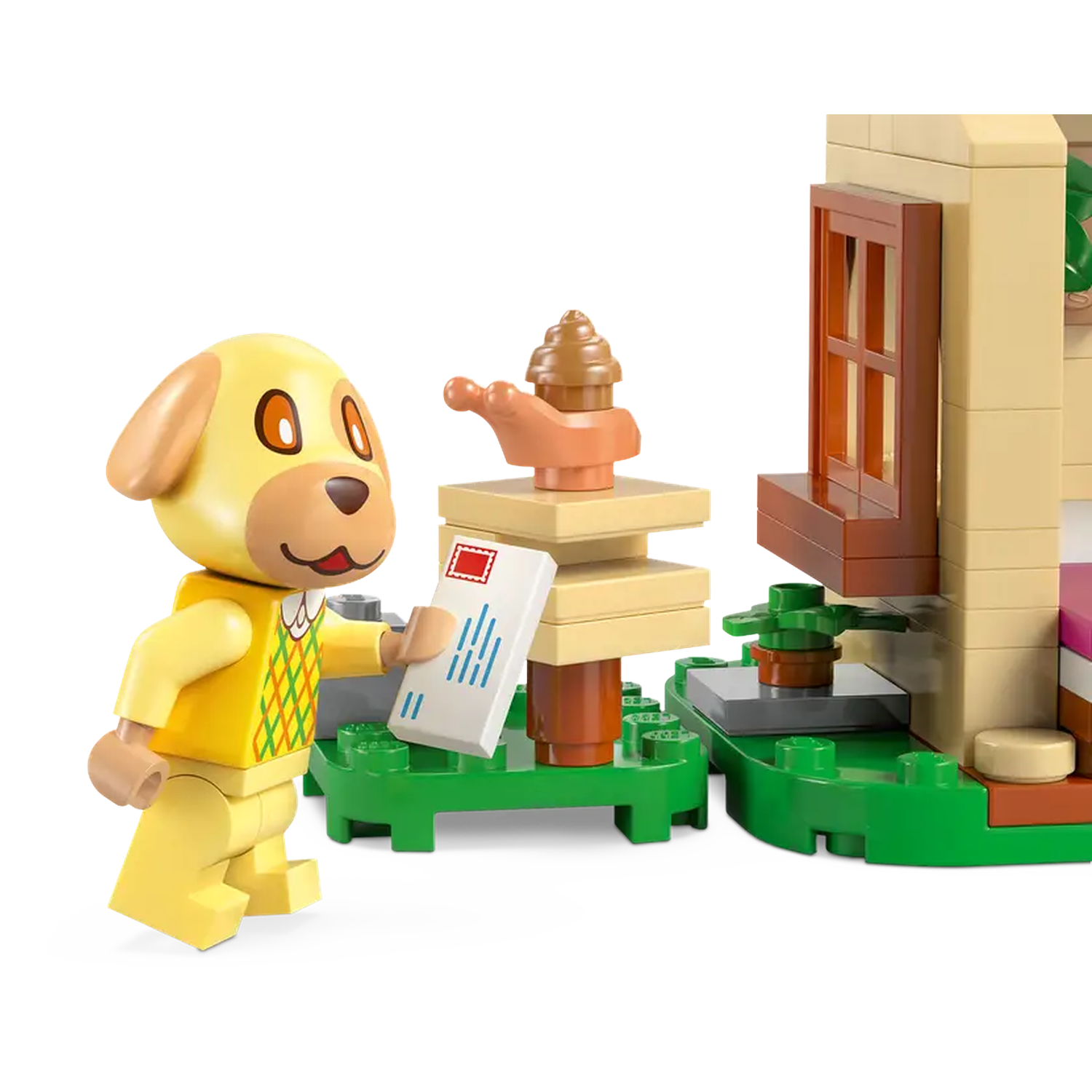 A Lego dog figure holds a letter. Beside it are Lego house elements, a mailbox, and a small tree. The scene is brightly lit.