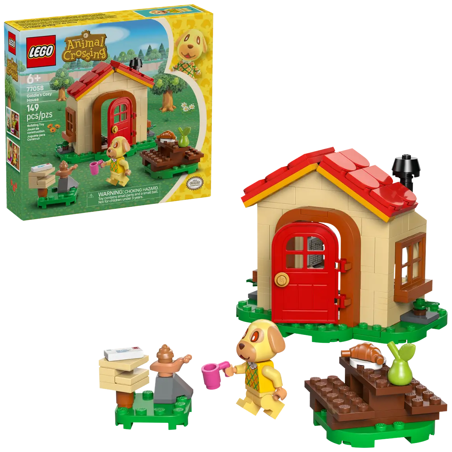 Lego set of Goldie's cozy house. Includes a house, dog figure, table, and accessories. Set is Animal Crossing themed, with a green base.