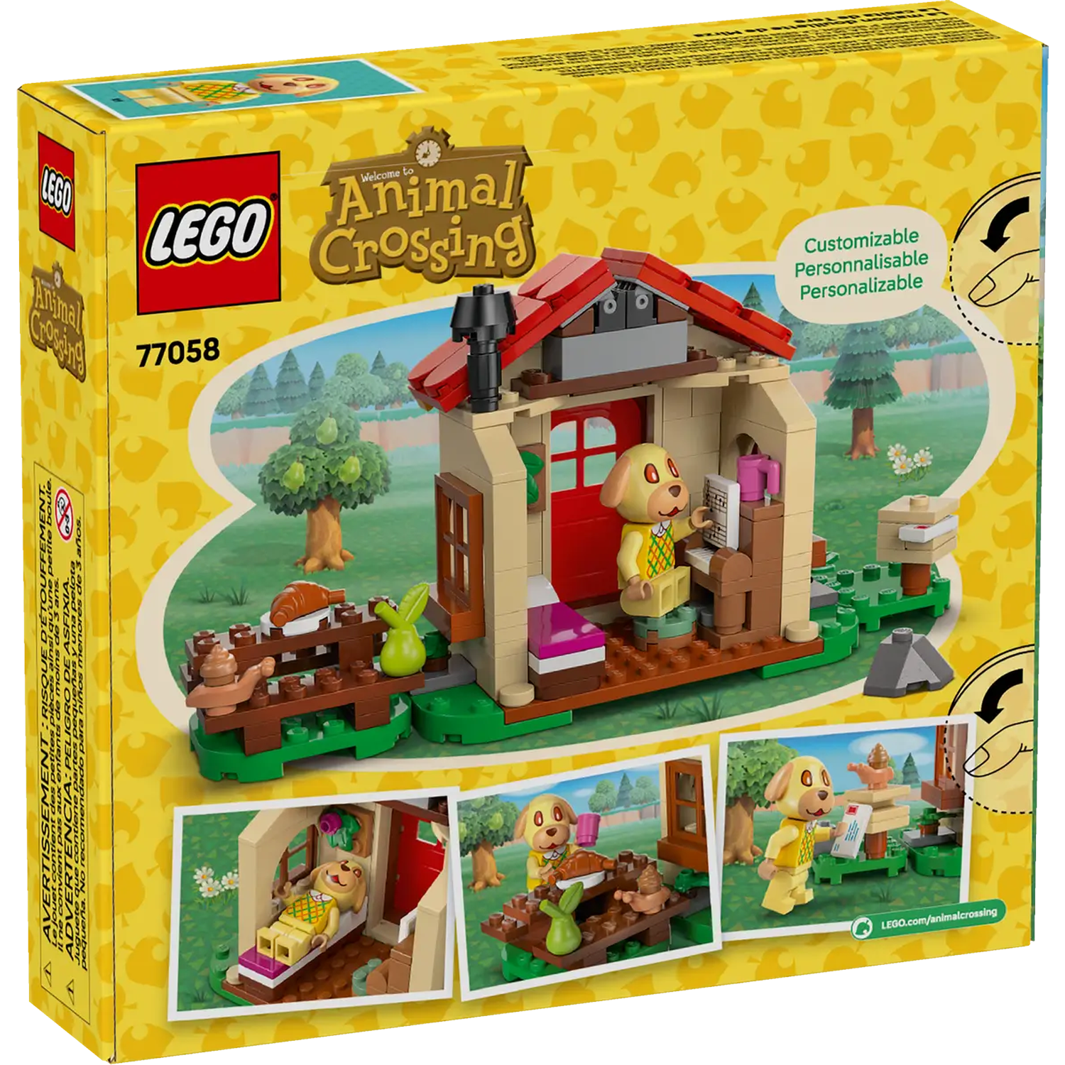 Lego Animal Crossing box. It shows a house with a dog character inside and other characters outside. The box is yellow and has the Lego logo.