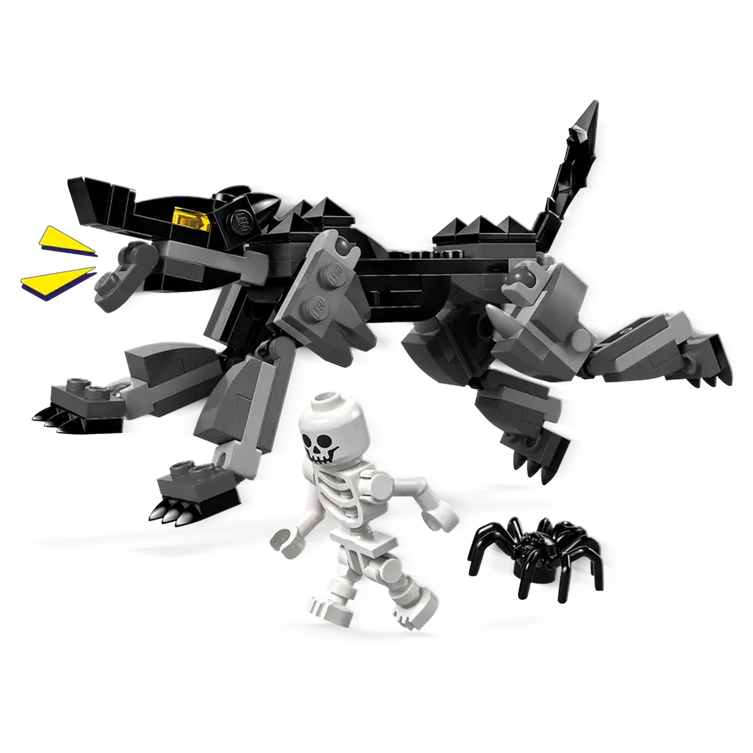 A Lego scene features a black and gray monster, a white skeleton, and a black spider. The monster is roaring. The skeleton is running.
