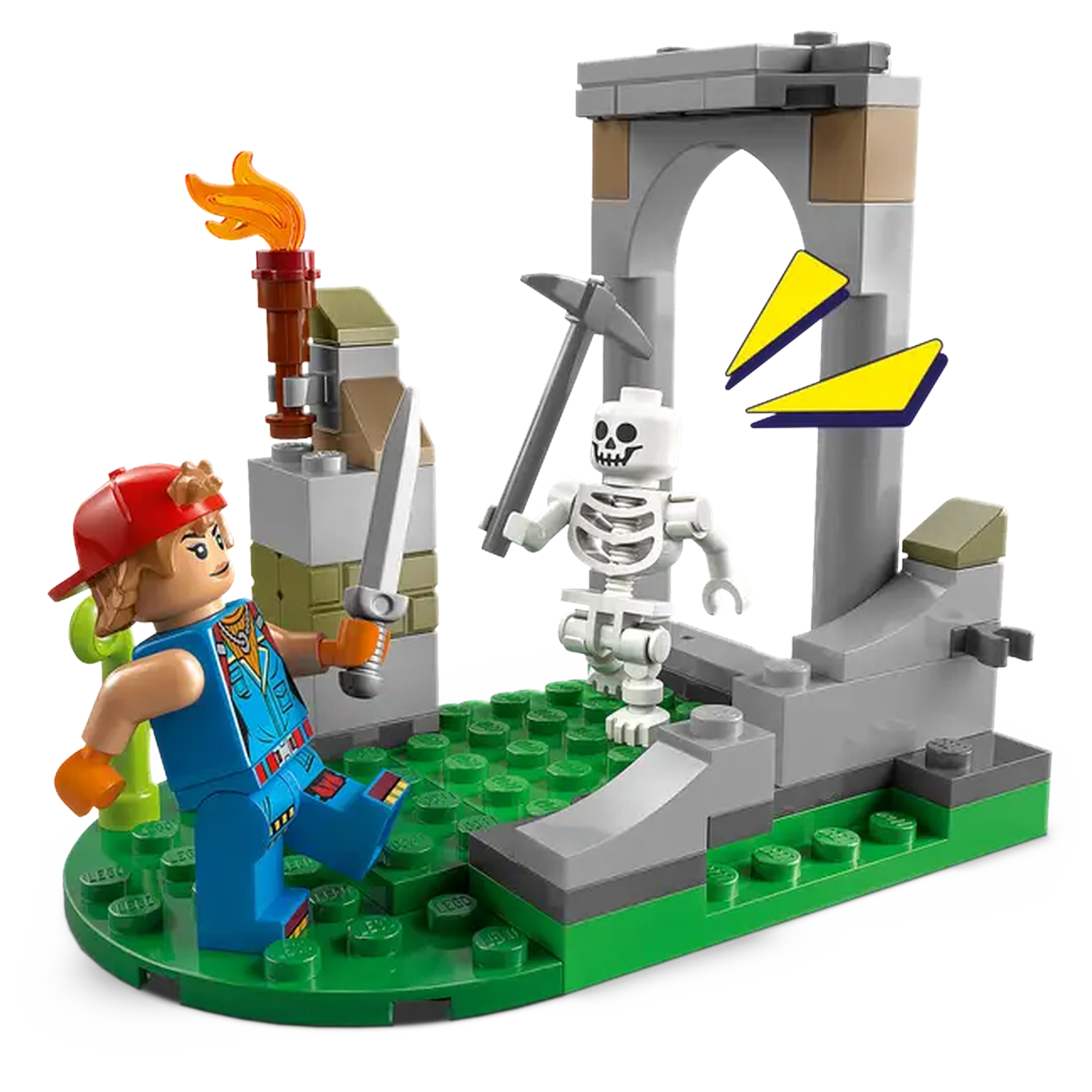 Lego figure with sword faces skeleton with pickaxe. Scene has torch, archway, and green base.