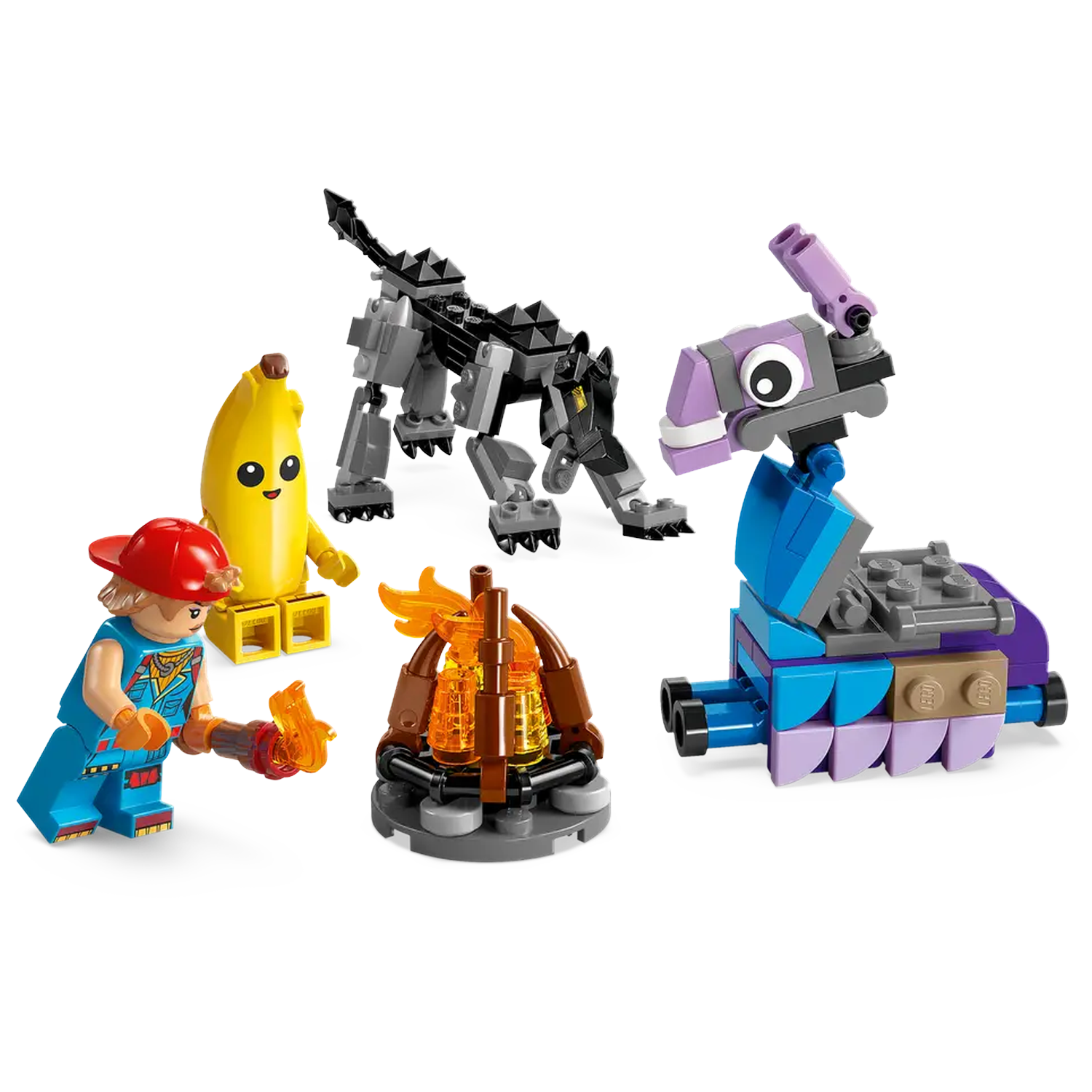 Lego set with various figures: a banana, a wolf, a blue and purple creature, a minifigure with a torch, and a campfire.