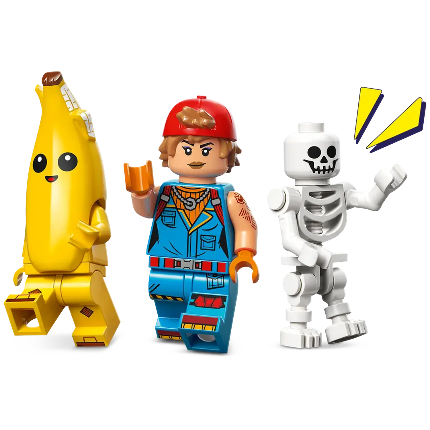 Three Lego figures: banana, woman in blue outfit, and a skeleton. Yellow and white colors dominate the scene, with a white background.