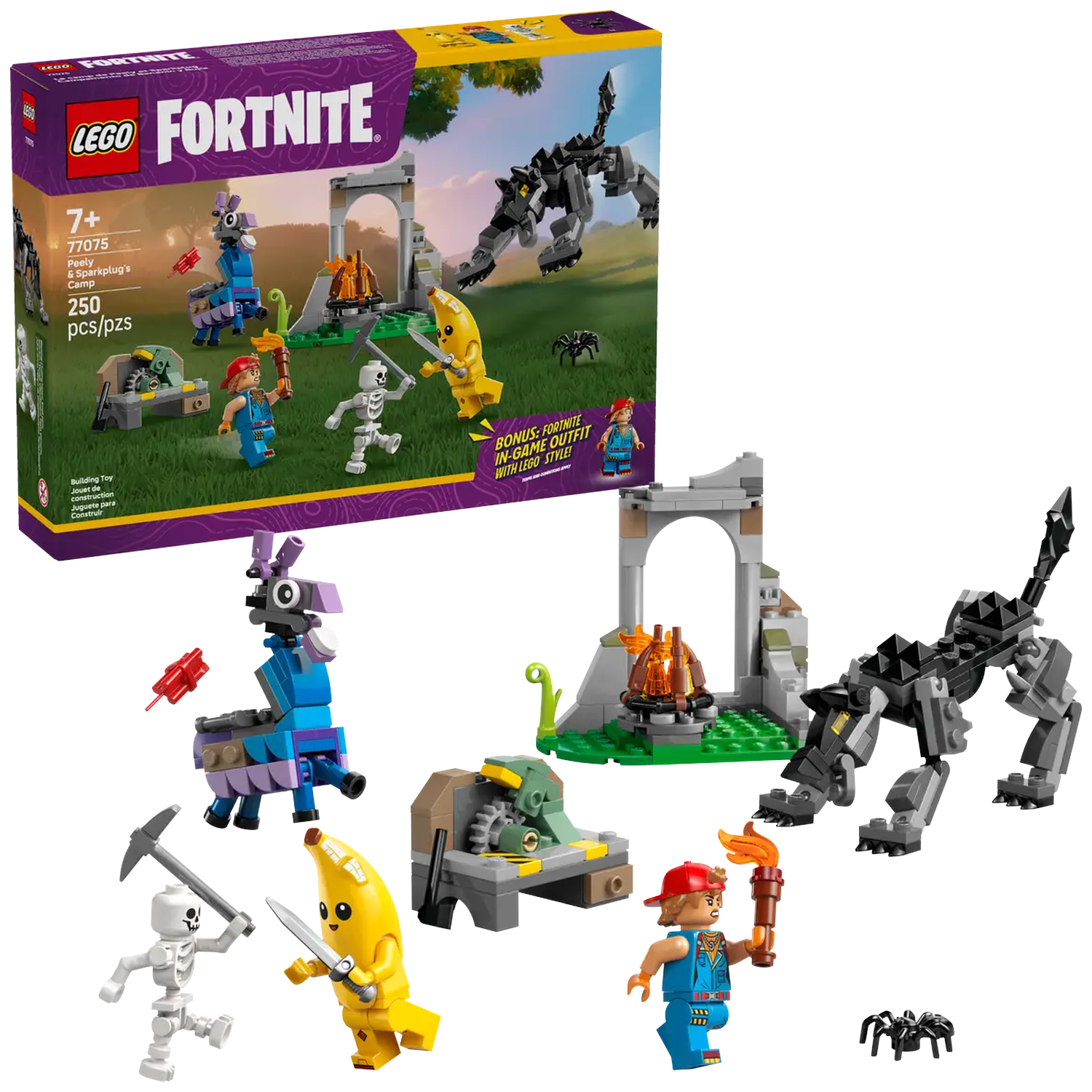 Lego Fortnite set. Includes various characters, structures, and a black wolf figure. The box shows a camp scene.