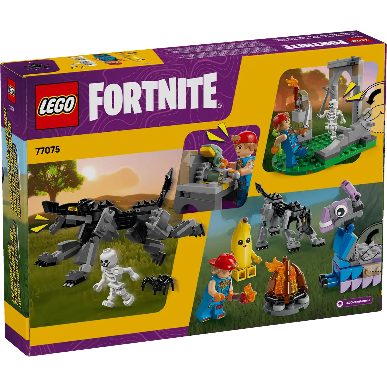 Lego Fortnite box. Shows characters, creatures, and a campfire. The box has a purple and yellow design with Lego and Fortnite logos.