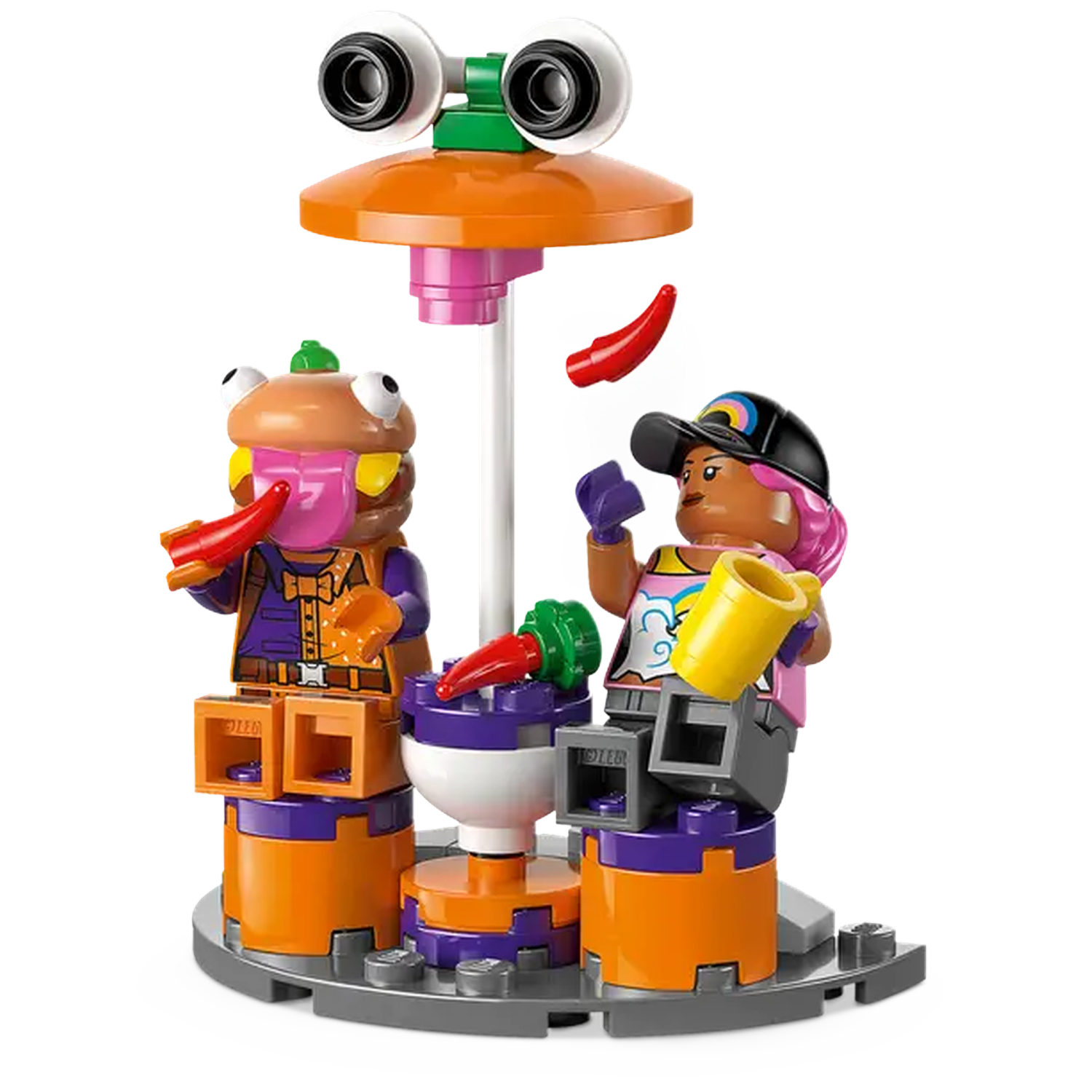 Lego set met twee figuren. Eén heeft een burgerkop en de ander draagt een pet. Beide figuren houden paprika's vast. Boven is een grote oogstructuur.