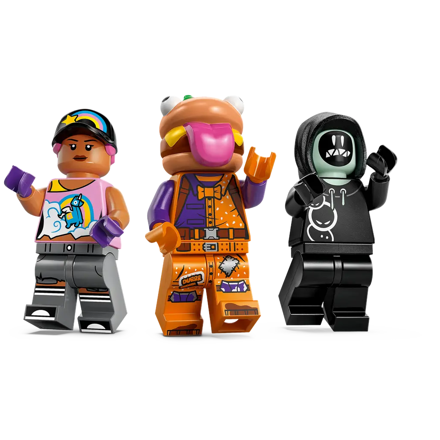Drie Lego-figuren: een meisje met een regenbooghoed, een hamburgerkop en een zwarte hoodie met een gezicht.