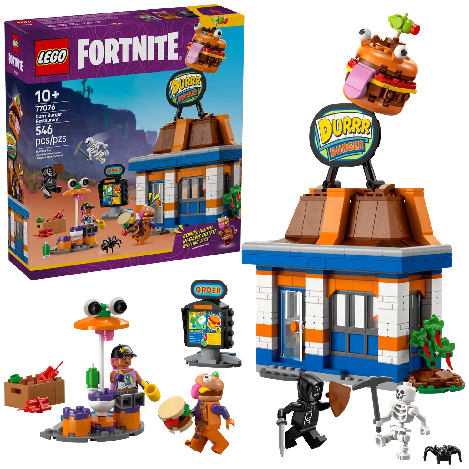 Lego Fortnite Durrr Burger set. Inclusief een hamburger-vormig gebouw, minifiguren en accessoires. Links een doos met de set.