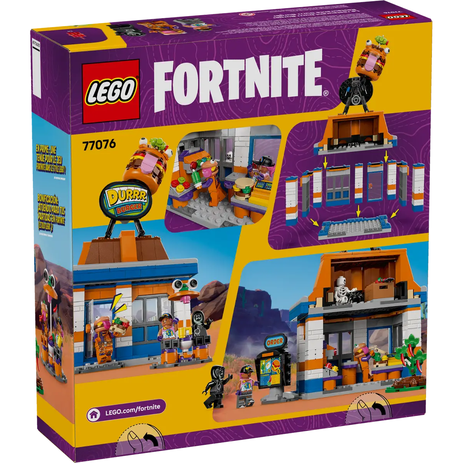 Lego Fortnite doos. Toont Durrr Burger set met figuren en scènes. Paarse achtergrond, oranje en blauwe gebouwdetails.