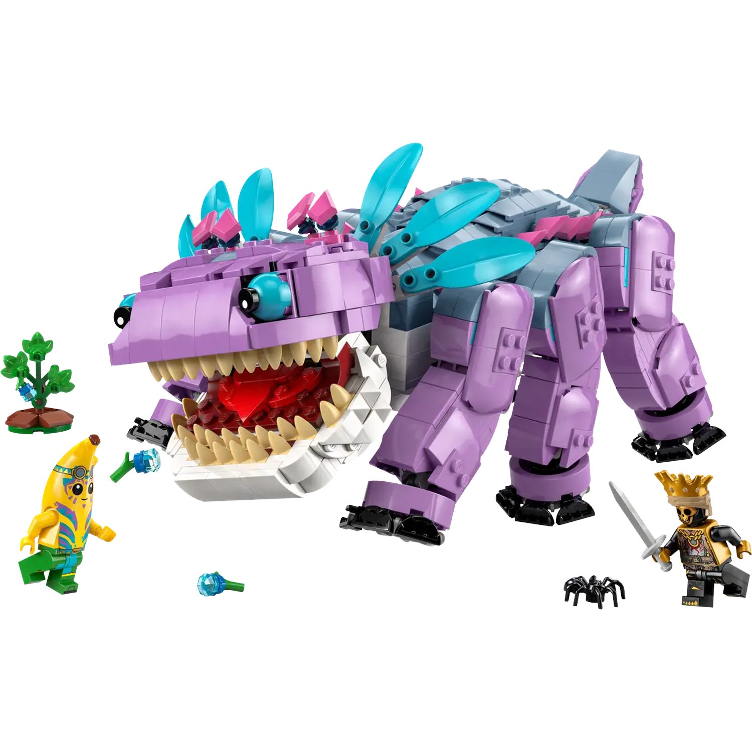 Een Lego-set met een groot paars monster, een bananenpersonage, een koning, een boom, een spin en andere Lego-elementen.