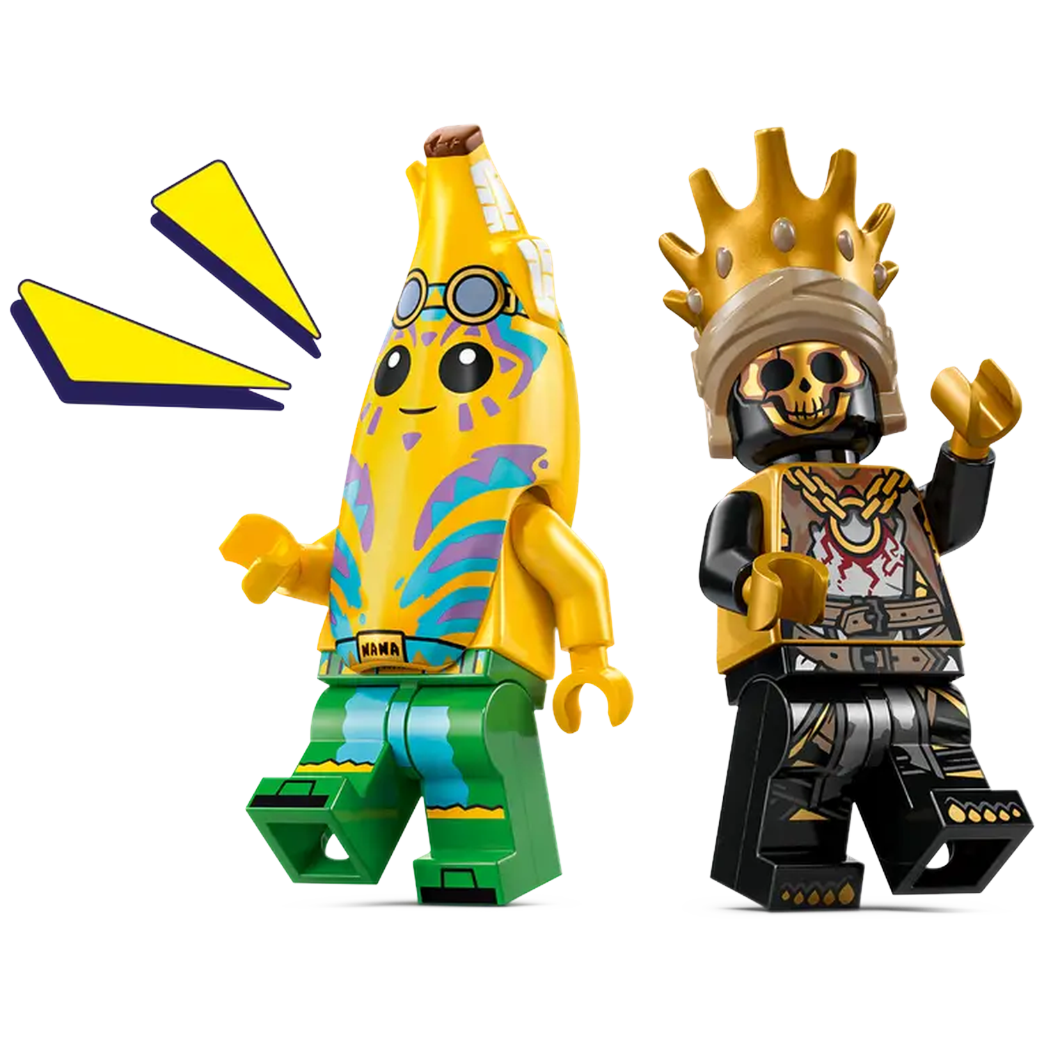 Twee Lego-figuren: een banaan met een bril en een skeletkoning met een gouden kroon. Gele vormen links.