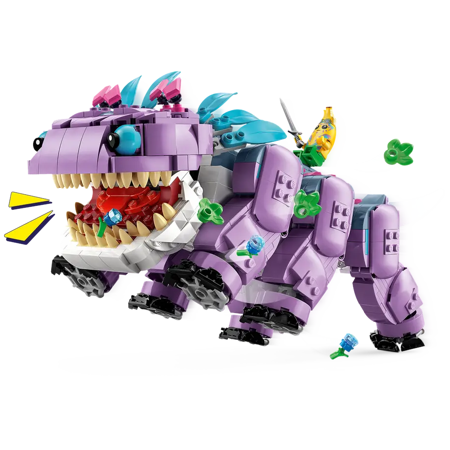 Een paarse Lego-dinosaurus met open mond, een bananenkrijger en groene en blauwe decoratieve elementen.