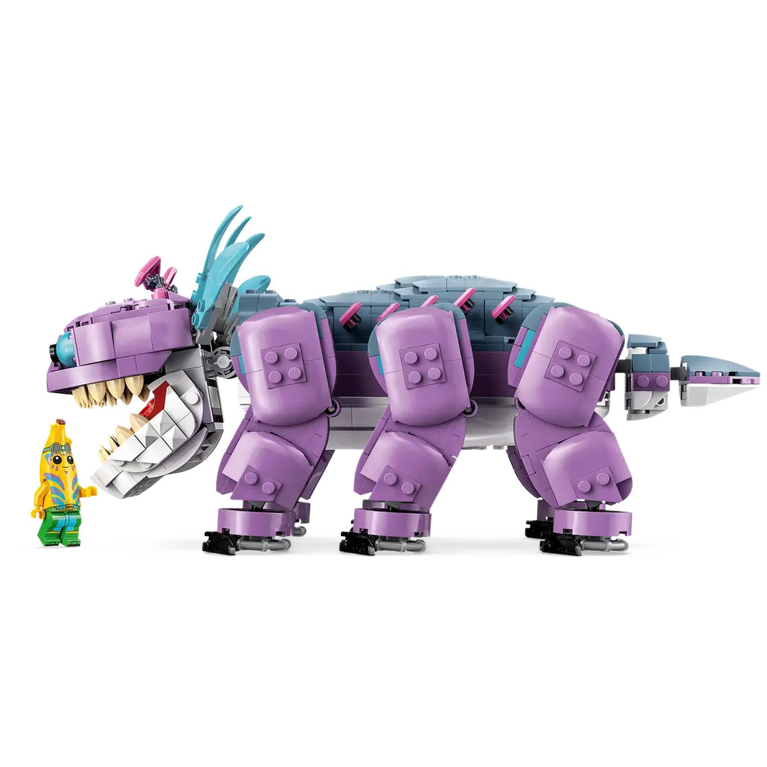 Een LEGO-monster met paarse poten en een kop, tegenover een banaanvormig LEGO-figuur.