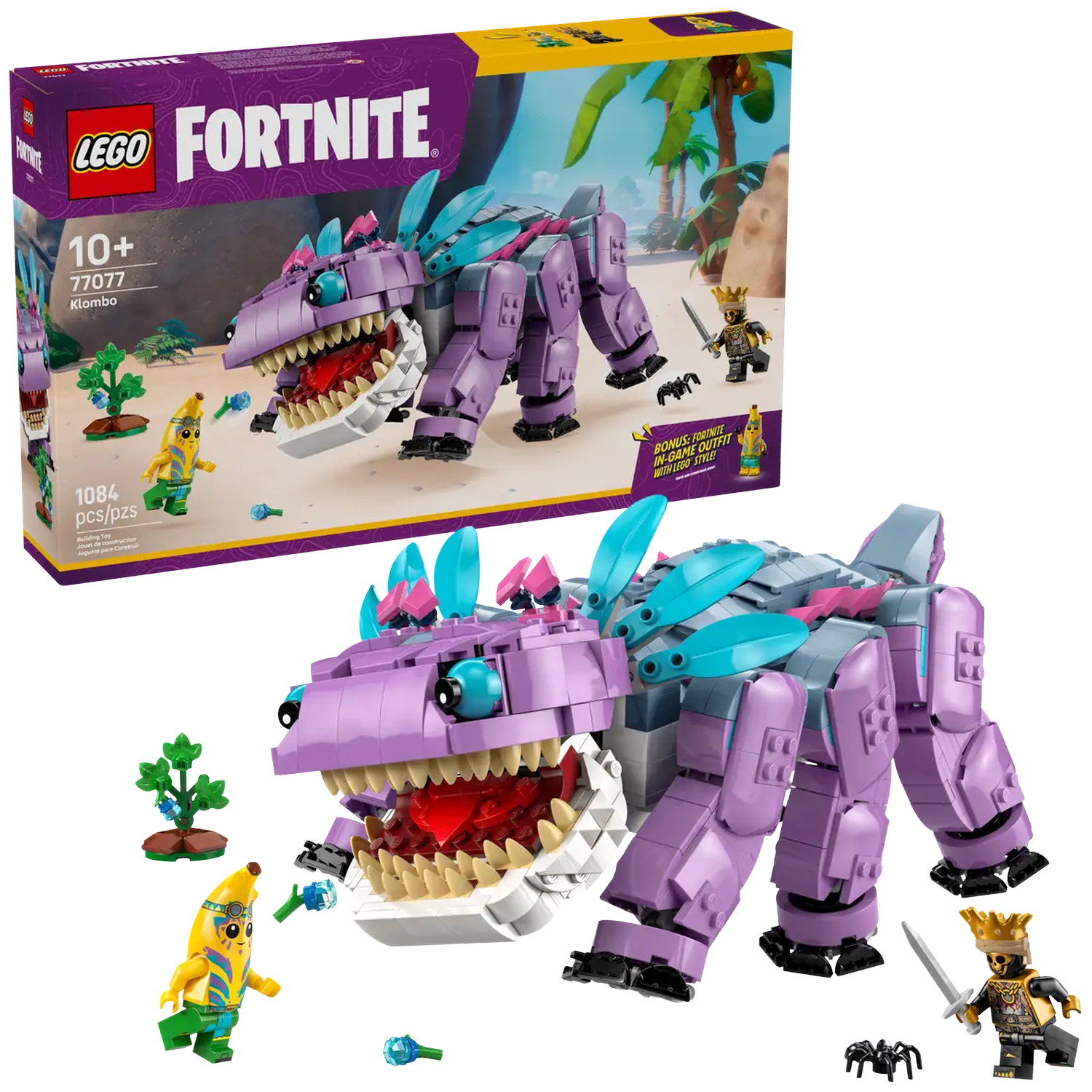 Lego Fortnite set. Paarse Klombo met blauwe accenten, open mond, banaan- en ridderfiguren en een doos met de set afbeelding.
