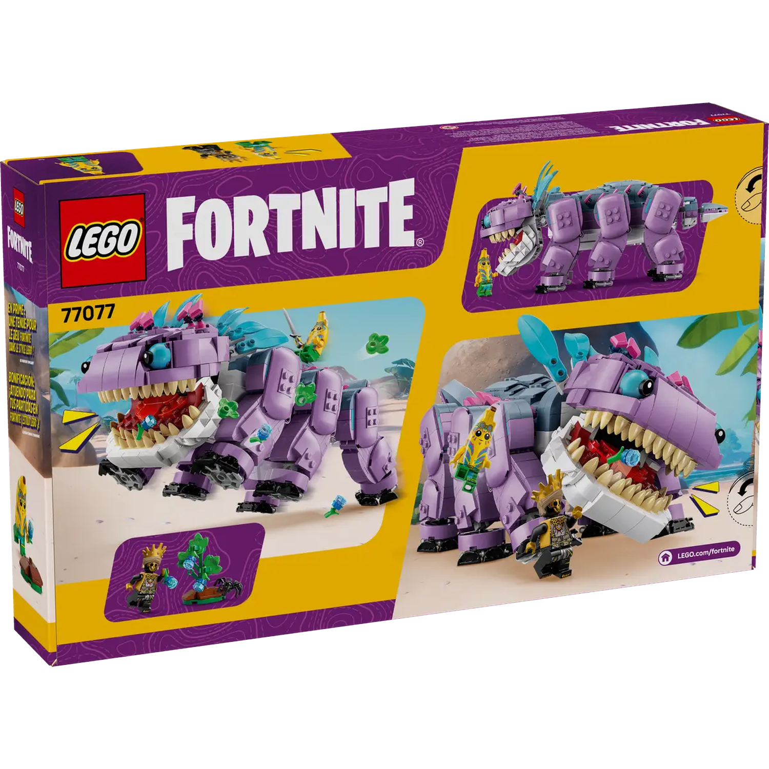 Lego Fortnite doos. Paars dinosaurusmodel met open mond, Lego figuren en gele achtergrond.