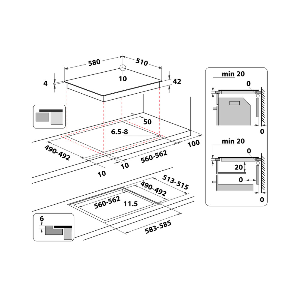 Főzőlap diagramja, méretekkel milliméterben. Felülnézetet, oldalsó nézeteket és metszeti diagramokat tartalmaz.